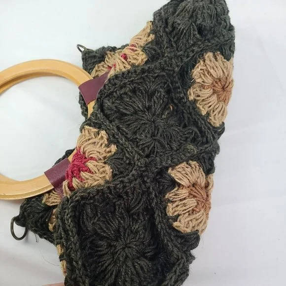 Jute Floral Crochet Handbag Purse Tote Boho Flowers Patchwork Wood Handle Bag - Picture 12 of 14